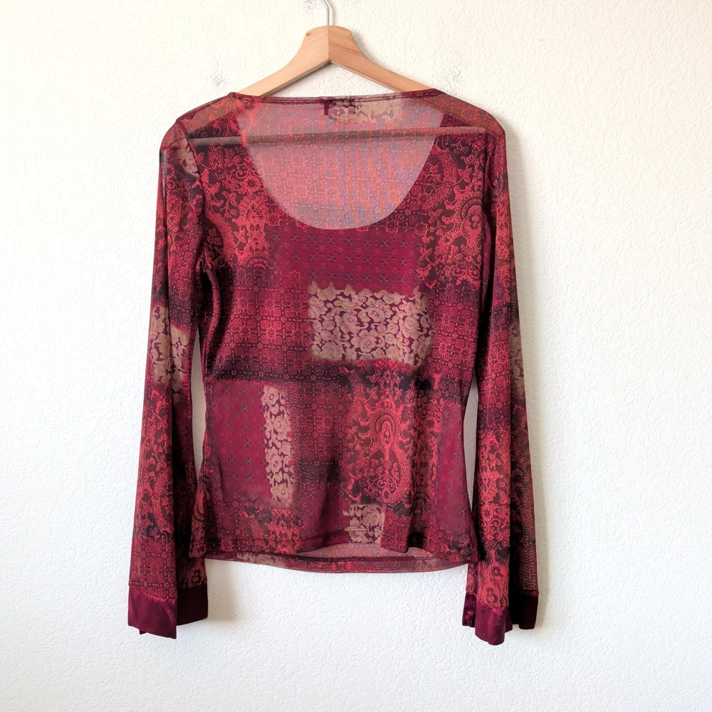 Y2K Sheer Mesh Patchwork Bell Sleeve Top Red Large Whimsygoth Boho Romantic